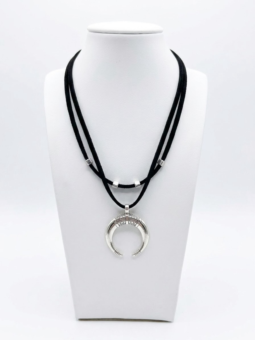 Silver Crescent Pendant Layered Black Necklace - Boho, Witchy, Practical Magic